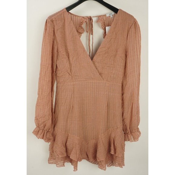 Area Stars Dresses & Skirts - New AREA Stars Women's L Long Sleeve Mauve Pink Wrap Open Back Ruffle Mini Dress